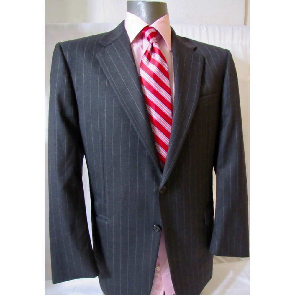 Hickey Freeman Loro Piana Gray Pinstriped Suit Jacket Super 130 Wool Size 42R